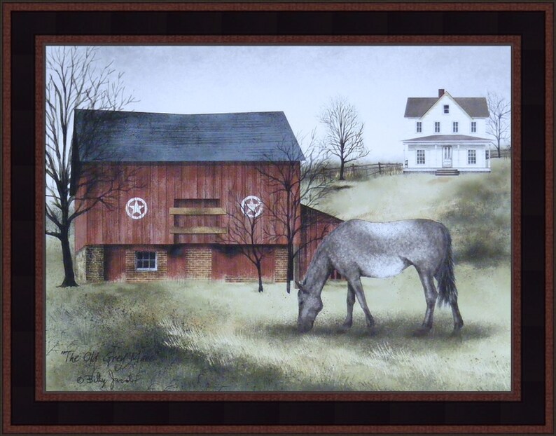 May include: A painting of a red barn with two white stars on the side, a white farmhouse in the background, and a gray horse grazing in the foreground. The painting is titled "The Old Grey Mare" by "Billy Jacobs".