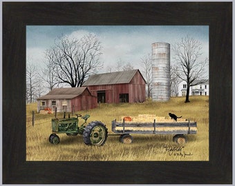 Hayride by Billy Jacobs 16x20 Green Tractor Hay Wagon Pumpkin Black Cat Farm Barn Silo Autumn Fall Framed Art Print Picture Home Cabin Decor