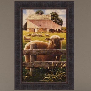 May include: A painting of a sheep looking over a wooden fence with a pink barn in the background.