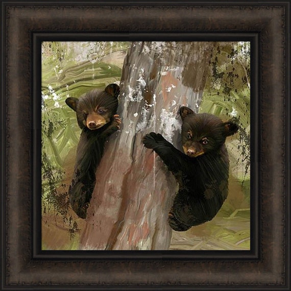 Two Cubs by Tim Dardis 16x16 Black Bear Cubs Tree Framed Art Print