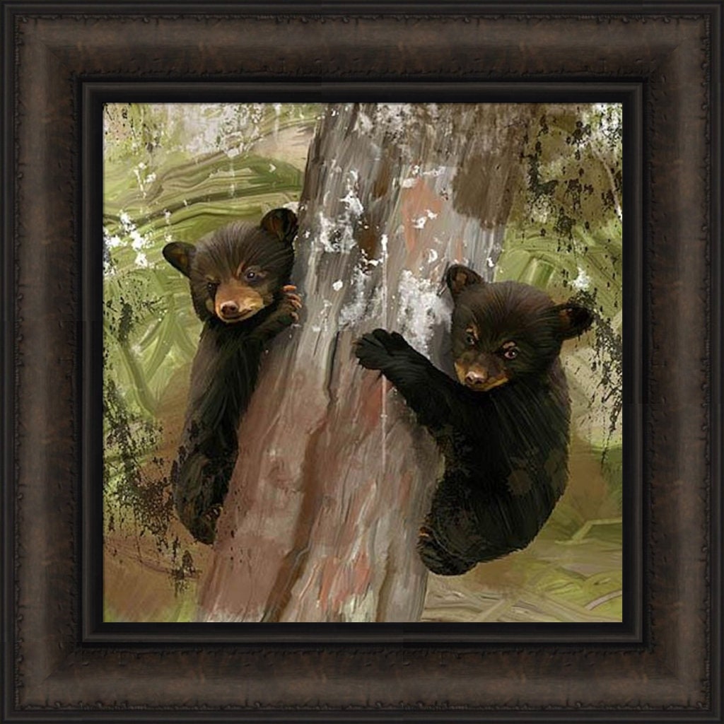 Two Cubs by Tim Dardis 16x16 Black Bear Cubs Tree Framed Art Print