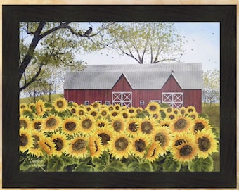 Sunshine by Billy Jacobs 22x28 Red Barn Farm Sunflowers Flowers Framed Primitive Folk Art Print Picture Home Cabin Decor