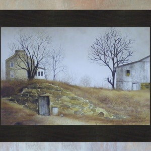 May include: A painting of a stone wall with a wooden door and a bucket in front of it. There are two buildings in the background, one with a white roof and the other with a brown roof. The sky is a light blue color.