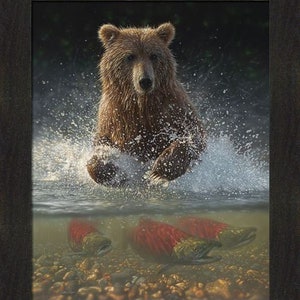 Lucky Hole by Collin Bogle 20x24 Brown Bear Grizzly Fishing Salmon Wildlife Framed Wall Art Picture Home Cabin Decor image 2