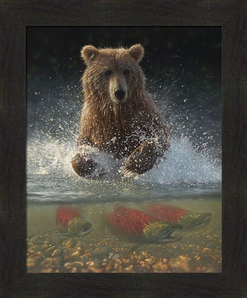 Lucky Hole by Collin Bogle 20x24 Brown Bear Grizzly Fishing Salmon Wildlife Framed Wall Art Picture Home Cabin Decor image 2