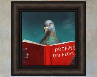 Pooping On People by Lucia Heffernan 16x16 Pigeon Bird Reading Book Bath Bathroom Funny Humorous Pet Framed Animal Art Print Picture