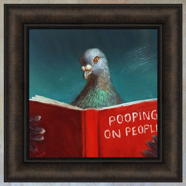 Pooping On People by Lucia Heffernan 16x16 Pigeon Bird Reading Book Bath Bathroom Funny Humorous Pet Framed Animal Art Print Picture