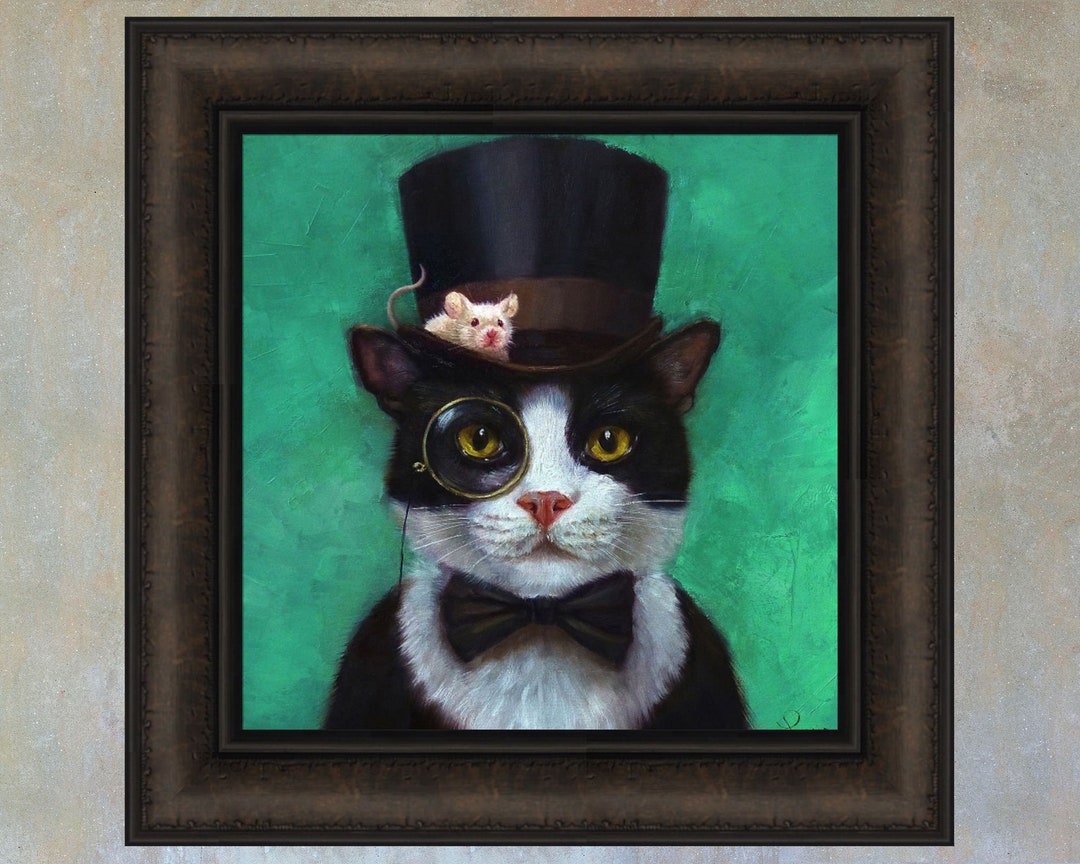 Tuxedo Cat by Art - Cat Lucia Glass Eye Top Etsy White 16x16 Mouse Black Tie Print Framed Picture Heffernan Bow Hat Funny