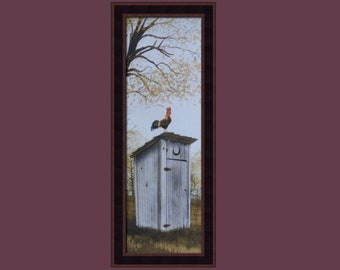 Panel de viaje matutino de Billy Jacobs 12x28 Country Bathroom Letrina Gallo Chicken Out House Arte enmarcado Decoración de la cabina del hogar