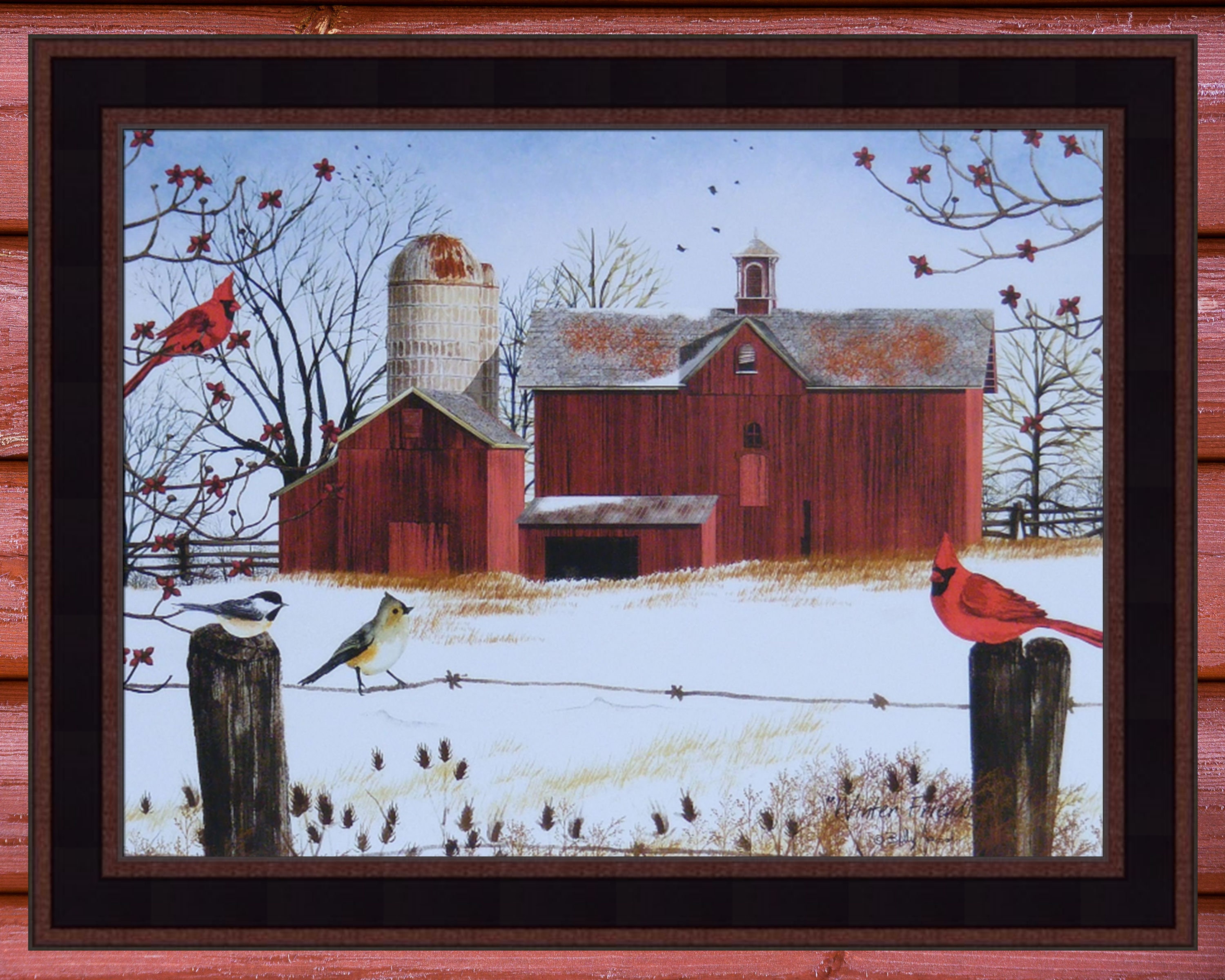 Winter Friends by Billy Jacobs 16x20 Red Barn Cardinals Birds Snow