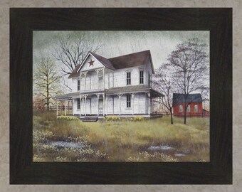 May include: A painting of a white farmhouse with a red star on the roof, surrounded by trees and a red barn in the background. The scene is set in a field with yellow flowers and a light rain falling.