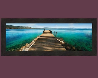 Hues Of Blue by Natalie Mikaels 16x40 Beautiful Water Lake Pretty Ocean Sea Dock Cabin Framed Art Print Picture Home Cabin Decor