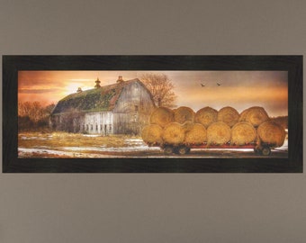 Sunset On The Farm by Lori Deiter 16x40 Weathered Barn Farm Hay Bales Country Sky Framed Art Print Picture Home Cabin Decor