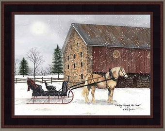 Dashing Through The Snow by Billy Jacobs 16x20 Horse Drawn Sleigh Brick Barn Snow Snowing Winter Framed Art Print Picture Home Cabin Decor