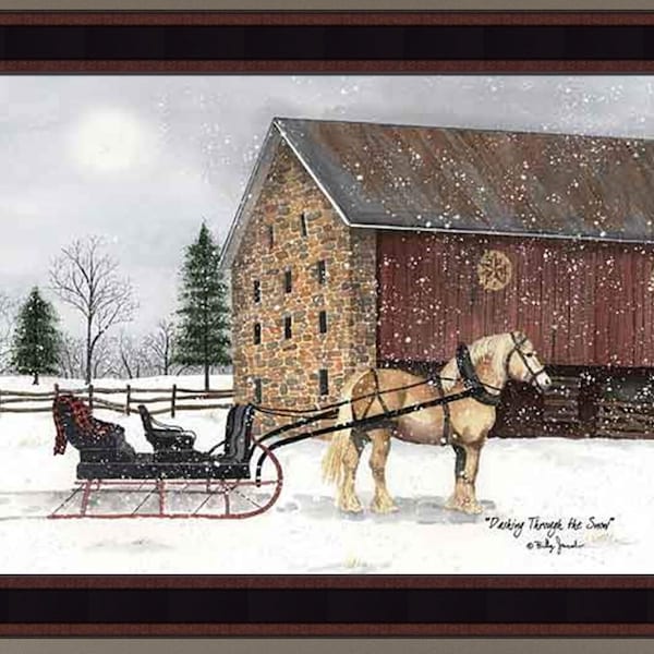 Dashing Through The Snow by Billy Jacobs 16x20 Horse Drawn Sleigh Brick Barn Snow Snowing Winter Framed Art Print Picture Home Cabin Decor