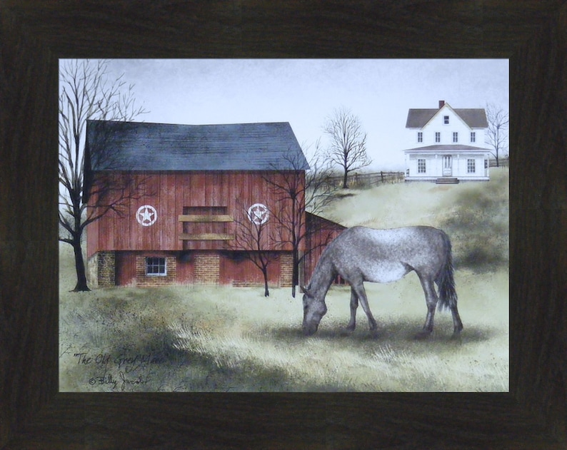 May include: A painting of a red barn with a white farmhouse in the background. There is a horse grazing in the field in front of the barn. The painting is titled "The Old Green Barn" by Billy Jacobs.