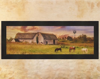 Clayton Barnyard by Lori Deiter 16x40 Framed Art Print Picture Weathered Barn Windmill Horses Ponies Country Farm Photo Home Cabin Decor