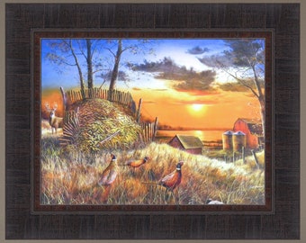 Sharing The Bounty I by Jim Hansel 17x21 Pheasants Deer Buck Barn Farm Corn Sunset Framed Art Print Picture