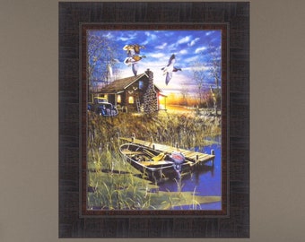 My Favorite Place by Jim Hansel 17x21 Cabin Lake Ducks Boat Sunset Framed Art Print Wall Décor Picture