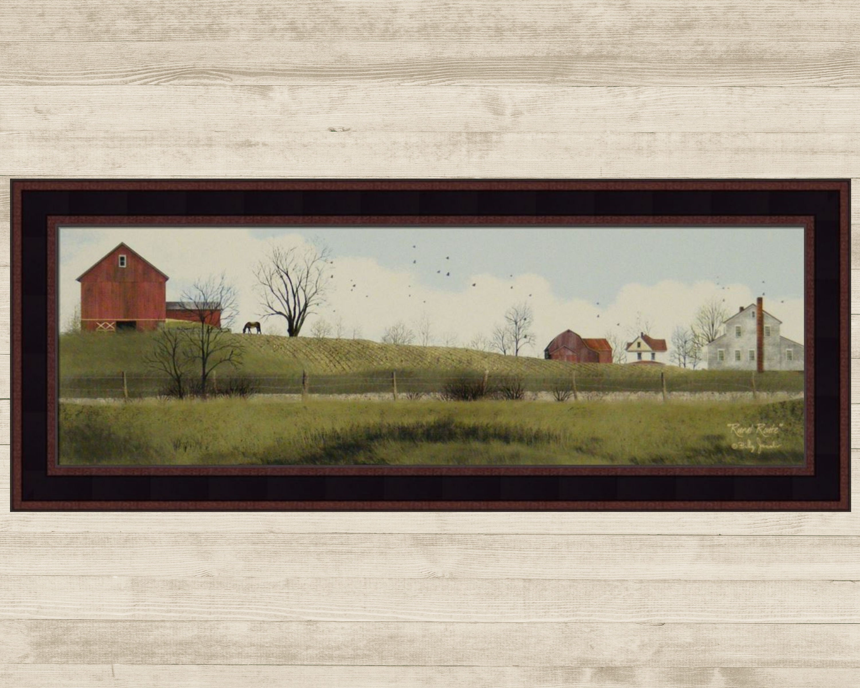 RURAL ROUTE by Billy Jacobs 12x28 FRAMED ART PICTURE Farm House Red Barn Horse 