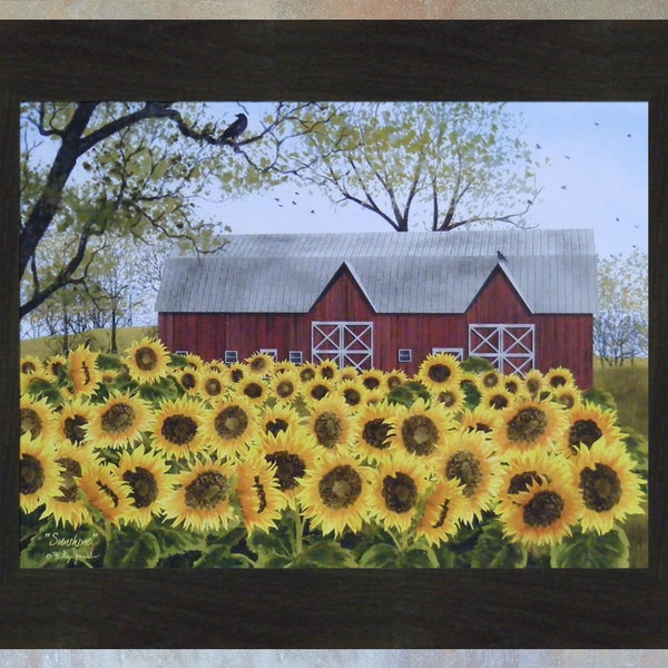 Sunshine by Billy Jacobs 16x20 Red Barn Farm Sunflowers Flowers Framed Folk Art Wall Décor Picture Home Cabin Decor