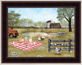 Picnic At The Pond by Billy Jacobs Sarah Jacobs 16x20 Truck Chickens Farm Food Framed Art Picture Home Cabin Decor
