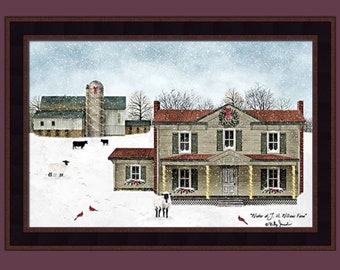 Winter At J.H. Williams Farm by Billy Jacobs 16x22 Snow Sheep Cows Cardinals Art Framed Picture Home Cabin Decor