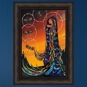 May include: A colorful painting of a woman with a long, flowing dress made of dragonflies. The woman is standing in front of a sunset with circles of light around her. The painting is framed in a dark brown frame.