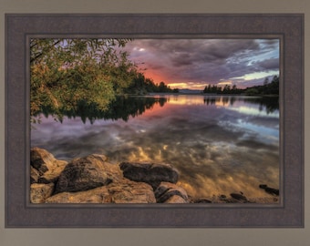 Goldwater Outlook por Bob Larson 26 x 36 hermoso lago agua atardecer amanecer grande enmarcado impresión arte imagen
