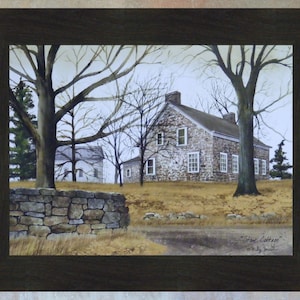 May include: A painting of a stone cottage with a brown wooden door and windows. The cottage is surrounded by trees and a stone wall. The painting is titled "Stone Cottage" and signed by the artist.