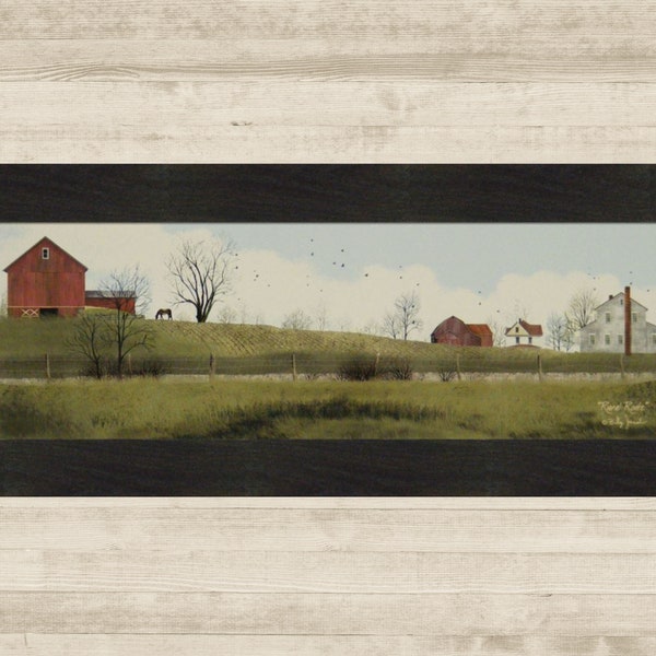 Rural Route by Billy Jacobs 12x28 Red Barn Farm Horse Country Road Fields Framed Folk Art Picture Home Cabin Decor