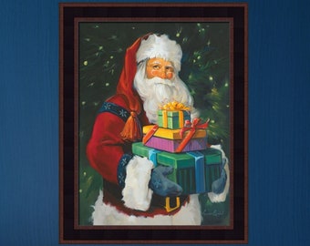 Regalos de Santa por Susan Comish 16x20 Decoración navideña Santa Claus con regalos Navidad Arte de pared enmarcado Decoración de la cabaña del hogar