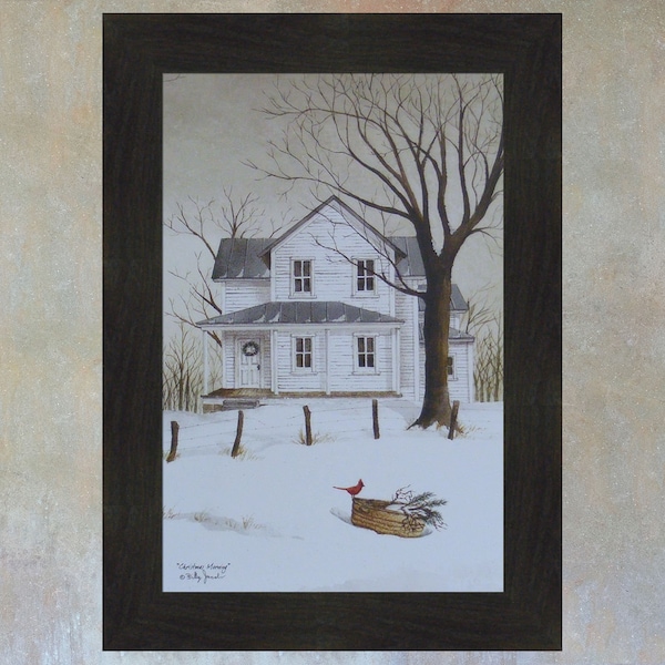 Christmas Morning by Billy Jacobs 16x22 Snow Winter Holiday Season Cardinal White Farm House Art Framed Picture Home Cabin Decor