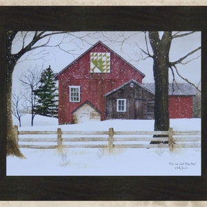 Pine Tree Quilt Block Barn by Billy Jacobs 16x20 Red Barn Snow Snowing Winter Landscape Art Framed Picture Home Cabin Decor