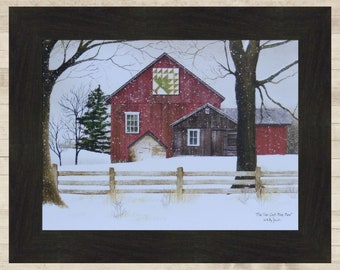 Pine Tree Quilt Block Barn by Billy Jacobs 16x20 Red Barn Snow Snowing Winter Landscape Art Framed Picture Home Cabin Decor