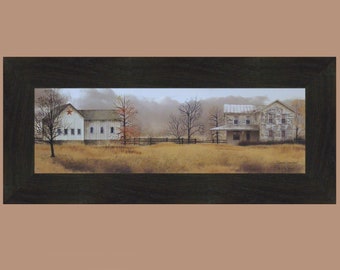 May include: A framed painting of a rural landscape with two white buildings, one with a red star on the roof, set against a backdrop of trees and a field. The sky is a muted gray, and the overall tone of the painting is peaceful and nostalgic.