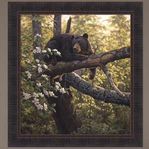 May include: A black bear sleeping in a tree branch with white blossoms. The bear is lying on its side with its head resting on the branch. The background is a forest with green leaves and sunlight shining through the trees.