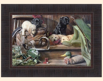 Dog Tired II by Kevin Daniel 17x23 Labrador Black Yellow Lab Puppies Puppy Duck Hunting Decoy Framed Art Print Picture