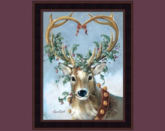 Santa's Reindeer by Susan Comish 16x20 Christmas Decor Santa Claus Deer Sleigh Bells Holiday Framed Wall Art Home Cabin Decor