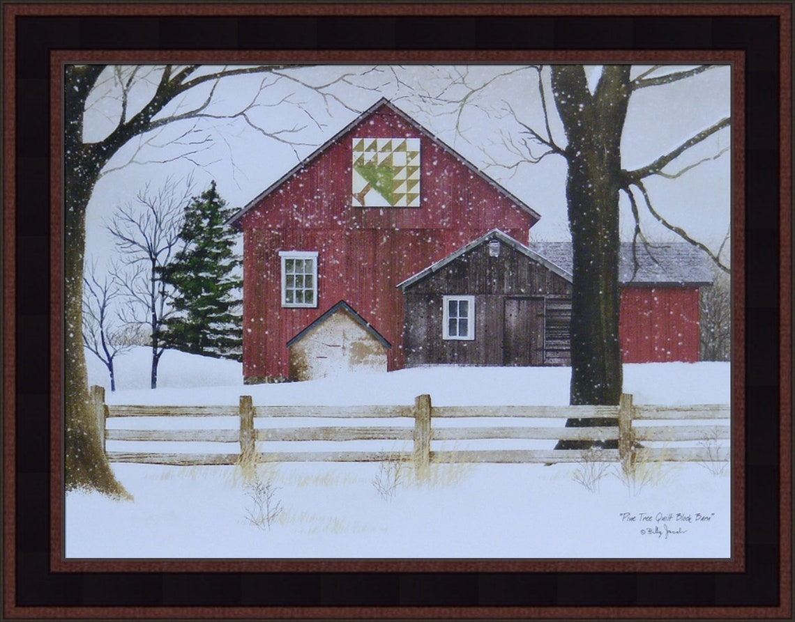 Pine Tree Quilt Block Barn by Billy Jacobs 16x20 Red Barn Snow - Etsy