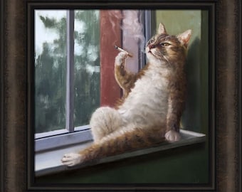 Rainy Day Blues by Lucia Heffernan 16x16 Cat Relaxing Smoking Cigarette Windowsil Humorous Framed Art Print Picture