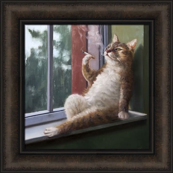 Rainy Day Blues by Lucia Heffernan 16x16 Cat Relaxing Smoking Cigarette  Windowsil Humorous Framed Art Print Picture
