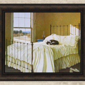 May include: A painting of a white iron bed with a white comforter and a black and white cat sleeping on it. The bed is in a room with a window that looks out onto a field and the ocean. The room is painted a pale yellow.