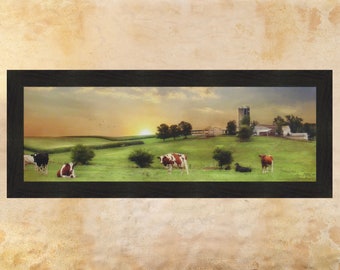 Blessed Morning by Lori Deiter 16x40 Sunrise Farm Barn Silo Field Cows Cattle Framed Art Print Picture Home Cabin Decor