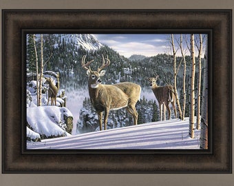 Morning View by Kim Norlien 15x21 Deer Buck Doe Snow Mountains Framed Art Print Wall Décor Picture HomeCabinDecor