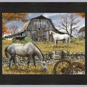 May include: A painting of a rustic barn with a red roof and a white horse grazing in a field. The barn is surrounded by trees with fall foliage and a stone wall. There is a second horse in the background.