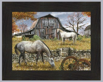Horse Farm I by Ed Wargo 16x20 Old Weathered Barn Wagon Wheels Pony Grazing Framed Art Print Wall Décor Picture
