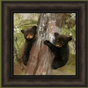 May include: Two black bear cubs climb a tree trunk. The cubs are facing the viewer, with their paws gripping the bark. The background is a blurred green and brown forest scene.