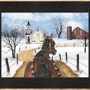 May include: A painting of a horse-drawn sleigh in a snowy winter scene. The horse is brown and black and is pulling a sleigh with bells. The sleigh is traveling down a road towards a white church with a red door. There is a red barn in the background. The painting is titled "Sleigh Bell Ring" and is signed by the artist.