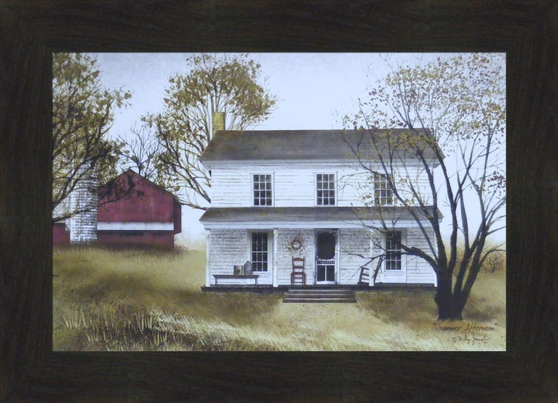 May include: A painting depicting a white farmhouse with a red barn in the background. The farmhouse features a porch with a rocking chair and a wreath on the door. The trees are bare and the sky is overcast.